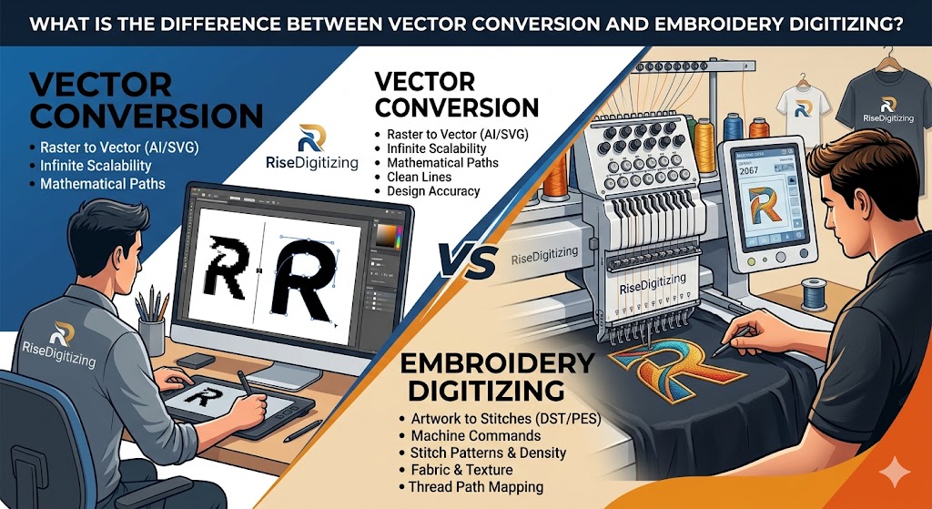 What is the Difference Between Vector Conversion and Embroidery Digitizing?